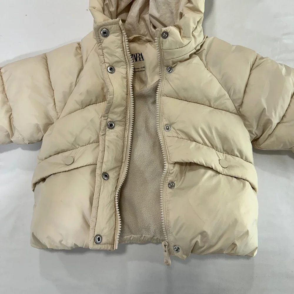 Zara Hooded‎ Puffer Jacket Kids 9-12 Months Cream Fleece Lined | Minimalist